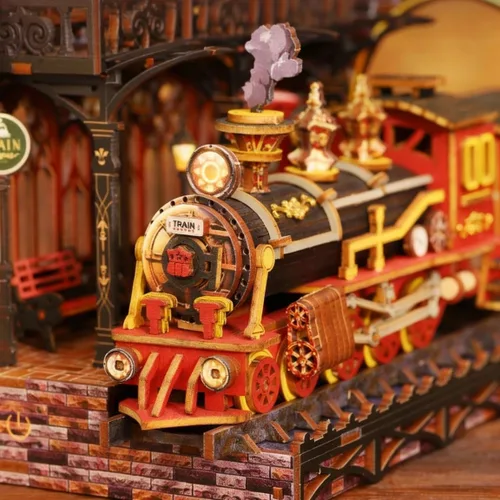 Miniatura 2 de Kit de rincón de libro, rompecabezas de madera 3D, kit de rincón de libros con tren de vapor, kit de habitación en miniatura para bricolaje, soporte