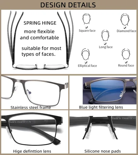 Miniatura 5 de Paquete de 4 lentes de lectura para hombre, bloqueo de luz azul, bisagra de resorte, elegantes lectores de marco completo de metal para hombres