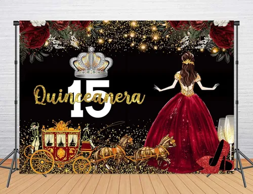 Miniatura 10 de Vestido rojo, fondo de flores de rosa, telón de fondo de cumpleaños de quinceañera para niña, princesa, feliz cumpleaños 15, carruaje de fotografía