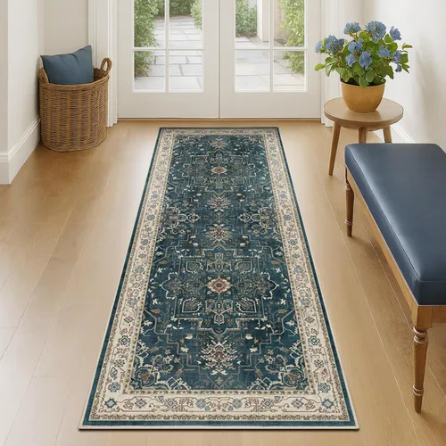 Miniatura 97 de Alfombra de pasillo profundo azul 2x8, alfombra de pasillo lavable antideslizante para entrada interior, alfombra de medallón vintage de 0.27