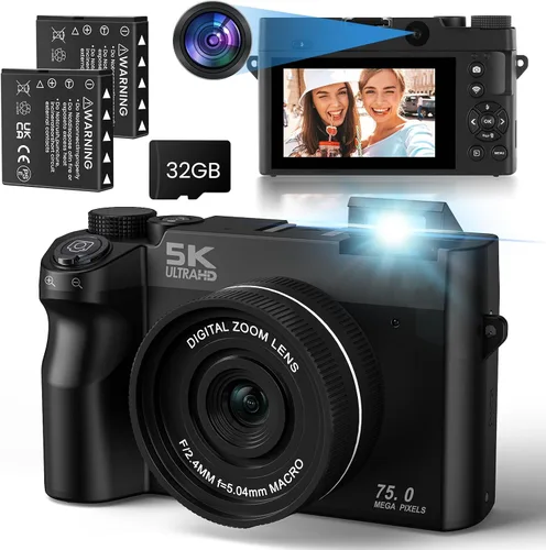 LAMA Cámara digital 5K UHD 75MP para fotografía – Zoom 18X, enfoque automático, 32 GB, cámara de vlogging WiFi anti-vibración con luz de relleno,