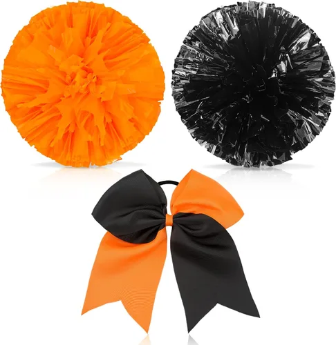 Miniatura 22 de Set de 3 pompones de animadora de 30 cm y gran sujetador de moño de cola de caballo para niña, grandes pompones metálicos de animadora para el Negro