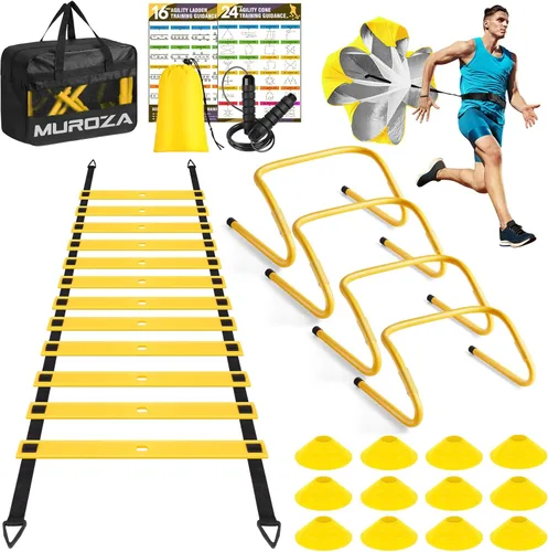 Miniatura 10 de MUROZA Agility Ladder, Agility Speed Training Equipment Set, 20ft Speed Ladder, 12 Soccer Cones, 4 Hurdles, Jump Rope, Running Parachute, Soccer Azul