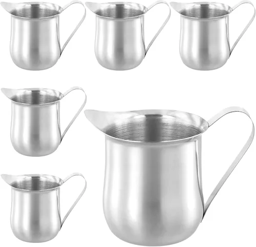 Miniatura 11 de KEILEOHO Paquete de 8 jarras pequeñas de metal de 3 onzas, jarra de crema de acero inoxidable, cremas en forma de campana con boquilla de vertido