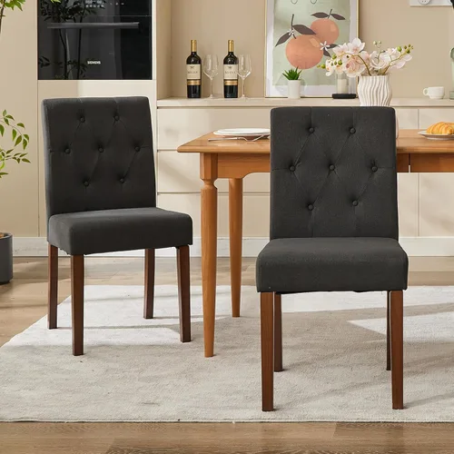 Miniatura 12 de Juego de 2 sillas de comedor tapizadas, sillas laterales de cocina de tela moderna con patas de madera resistentes, diseño Parsons, cómodo lino