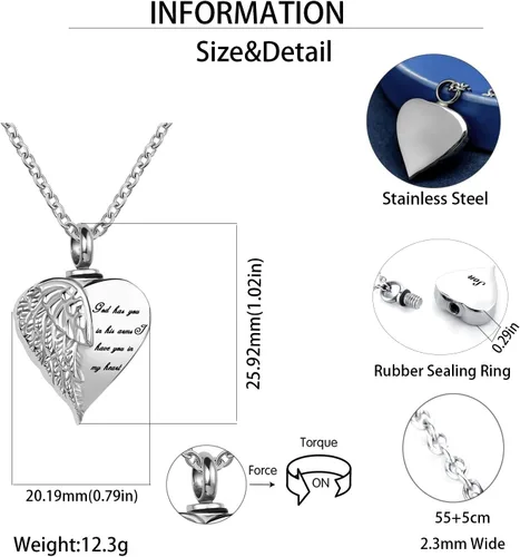 Miniatura 5 de LuxglitterLin Collar de urna de cremación con forma de corazón de ala de ángel para cenizas humanas, recuerdo, joyería conmemorativa, Dios te tiene