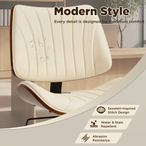 Miniatura 5 de EROMMY Silla de escritorio de oficina sin brazos, con respaldo de madera, silla de escritorio de oficina pequeña, sin brazos, altura ajustable, Beige