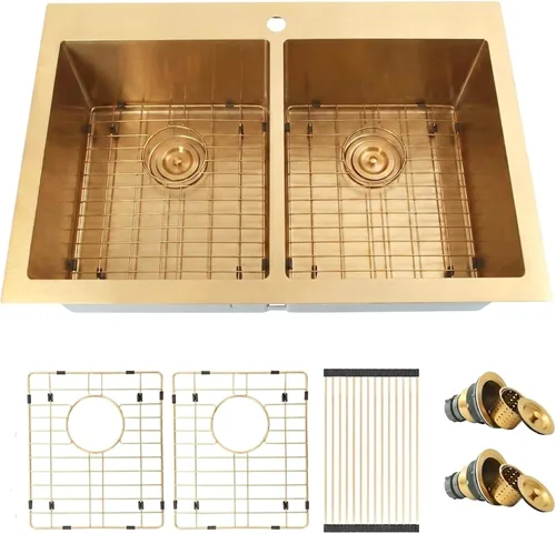 Miniatura 3 de Fregadero de Cocina Dorado 33" X 22", Fregaderos de Cocina de Doble Tazón, Montaje Superior/Empotrable Fregadero Doble de Acero Inoxidable Calibre 16