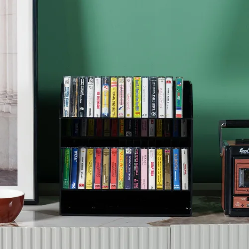 Miniatura 4 de MyGift Soporte para casetes compactos de acrílico negro de 2 niveles con asas de transporte recortadas, cintas de casete de audio retro, soporte