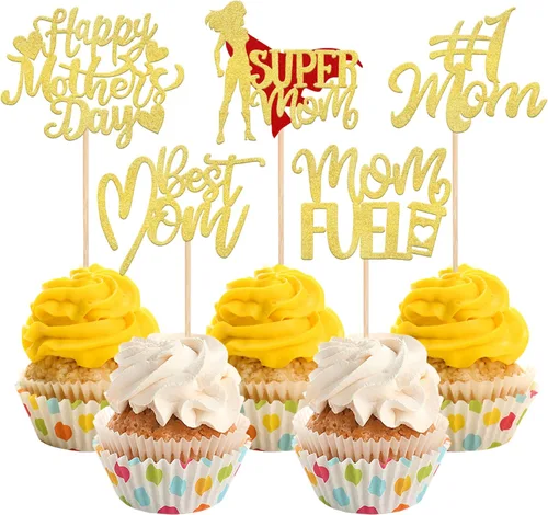 Rsstarxi Paquete de 30 adornos dorados para cupcakes para el Día de la Madre con purpurina para el Día de la Madre, la mejor mamá del mundo, para el