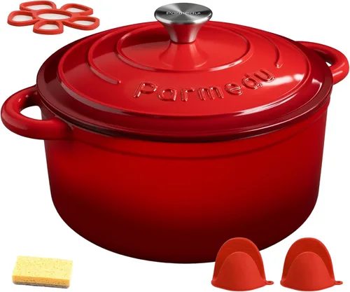 Miniatura 9 de Parmedu Horno holandés de hierro fundido esmaltado de 5.5 cuartos de galón para hornear pan de masa madre, fácil limpieza, versátil para guisar