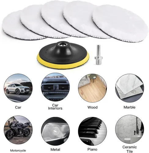 Miniatura 6 de Kshineni - Juego de 7 piezas de almohadillas de pulido de lana de 6 pulgadas (150 mm) para pulidor de coche con adaptador de taladro M14
