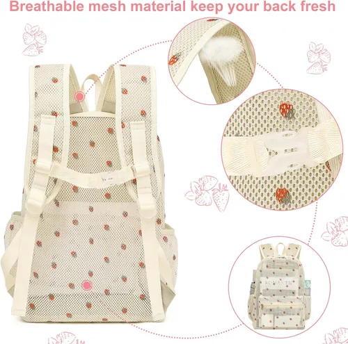 Miniatura 5 de CAMTOP Mochila de malla para niños y niñas, mochila transparente para preescolar, mochila casual para escuela, playa, viajes, deportes (fresa beige)