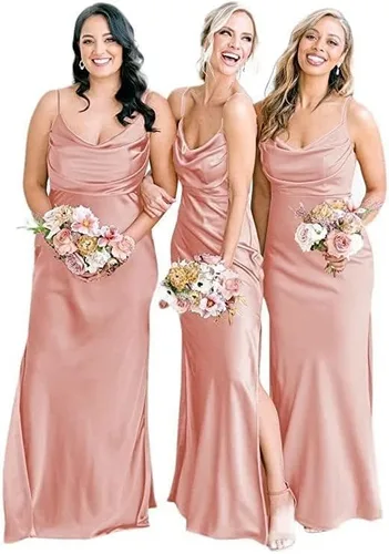 Vestidos de dama de honor de sirena de satén para boda, con tirantes delgados, vestido formal con abertura y cuello vuelto, vestido de noche