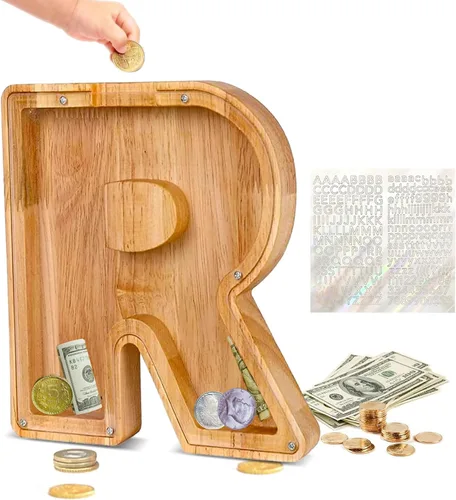 Miniatura 17 de Alcancía de Madera Personalizada con Letras del Alfabeto, Banco de Monedas con Letras del Alfabeto para Niños, Niñas y Bebés, Tamaño Grande, 26