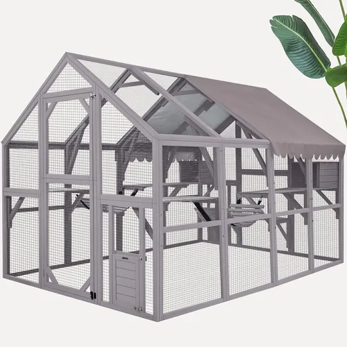 Gran recinto para gatos Catio al aire libre, resistente a la intemperie, con techo impermeable, múltiples plataformas, hamaca para cueva de gato,