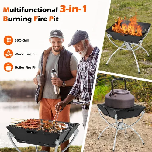 Miniatura 4 de HAPPYGRILL Fogata plegable 3 en 1 con parrilla para exterior, plegable para quemar leña, fogata para barbacoa, hoguera, cocina al aire libre