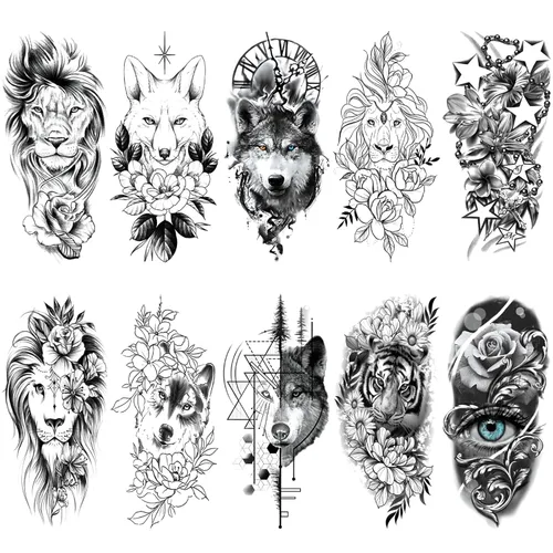 Miniatura 9 de 10 hojas de tatuajes temporales realistas de flores de rosas para mujeres, muslos de brazo, gran sexy, serpiente, león, mariposa, tatuajes falsos