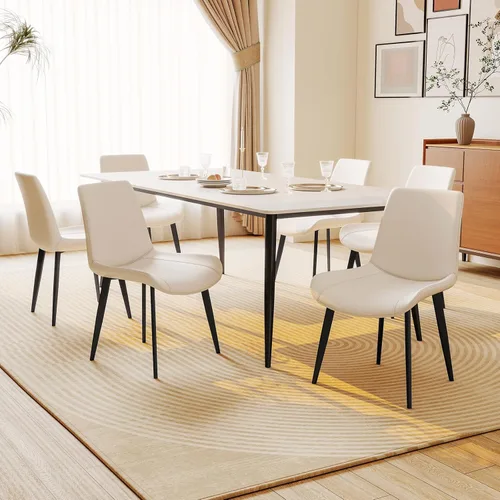 Miniatura 2 de Juego de 6 sillas de comedor, modernas sillas de comedor tapizadas de piel sintética con patas de metal resistentes y respaldo cómodo, sillas Beige