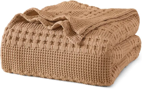 Miniatura 45 de PHF - Manta tejida de punto gofre 100% algodón, suave, ligera, transpirable, acogedora, de verano, para sofá y cama, tejida, estética, decoración