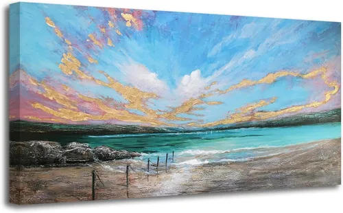 Miniatura 24 de Arjun Pintura de paisaje, puesta de sol, montaña, lago, lienzo, arte de pared, enmarcado grande, 40 x 20 pulgadas, azul suave, cálido, sereno