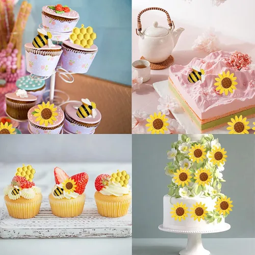 Miniatura 5 de Juego de 4 moldes de silicona para tartas con temática de panal de girasol y abeja, para decoración de pasteles, decoración de cupcakes, fondant