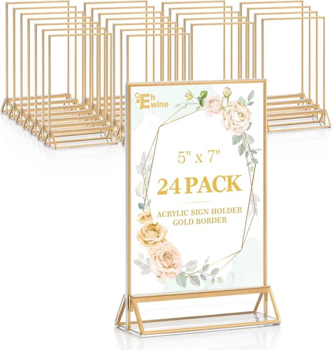 Miniatura 13 de EHWINE Paquete de 12 soportes acrílicos para letreros de 5 x 7 pulgadas, soporte de marco de oro de doble cara, soportes de letreros de mesa