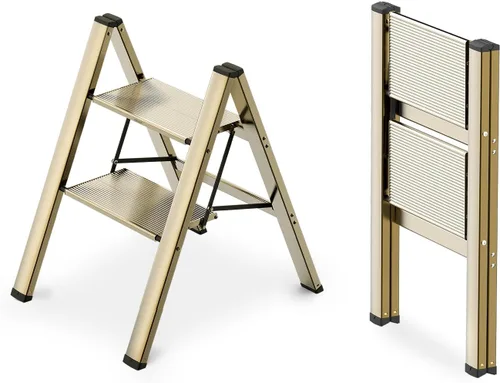 WOA WOA Escalera de 2 escalones, taburete plegable, escalera ligera de aluminio para hogar, cocina y armario, pedales antideslizantes, fácil de