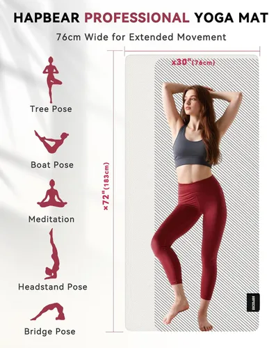 Miniatura 2 de HAPBEAR Large Yoga Mat 72"x30" - 5mm Thick PU Top & Rubber Bottom - Non-Slip Wide Exercise Mat with Dual Layers - High Shock Absorption for