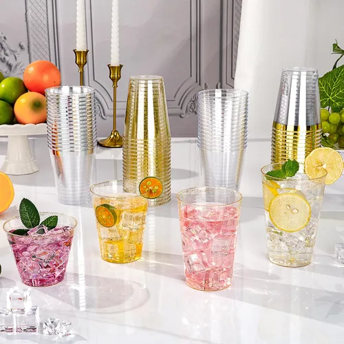 Miniatura 6 de Goodluck 100 vasos de plástico con purpurina dorada de 9 onzas, vasos desechables con purpurina, elegantes vasos de cóctel de plástico, vasos