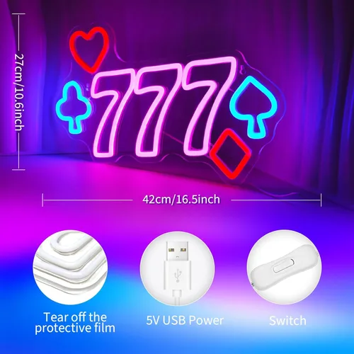 Miniatura 4 de Señales de neón del Casino 777 para decoración de pared, señal de luz LED rosa para decoración de sala de póker, señal iluminada para decoración