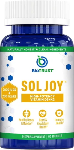 BioTrust Sol Joy, Vitamina D3 K2 de alta potencia - Alta potencia (50 mcg)