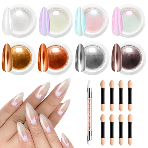 Miniatura 16 de Polvo de uñas 100% cromado BISHENGYF: Polvo cromado de efecto metálico súper NO.1 para uñas Oro Plata Blanco Laser Holográfico Blanco Perla Cromo A