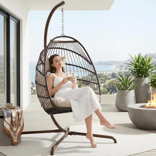 Hamaca colgante de mimbre, para interiores y exteriores, en forma de huevo, con almohadones resistentes a los rayos UV y estructura de aluminio,