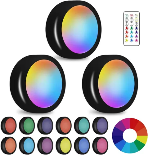 Miniatura 12 de Luces LED de disco con control remoto, 13 colores RGB regulables debajo del gabinete, cambio de color a pilas, ambiente festivo para cocina, Negro