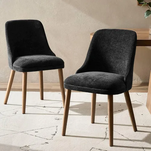 HULALA HOME Juego de 2 sillas de comedor tapizadas de tela negra con patas de madera maciza, respaldo acolchado, sillas decorativas modernas de