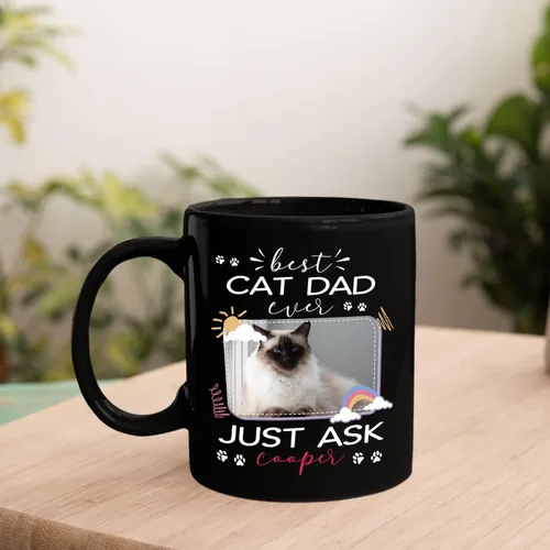 Miniatura 3 de Taza de cerámica negra personalizada para elegir nombre y foto con texto en inglés "Best Cat Dad Ever Just Ask", taza de café personalizada de 11