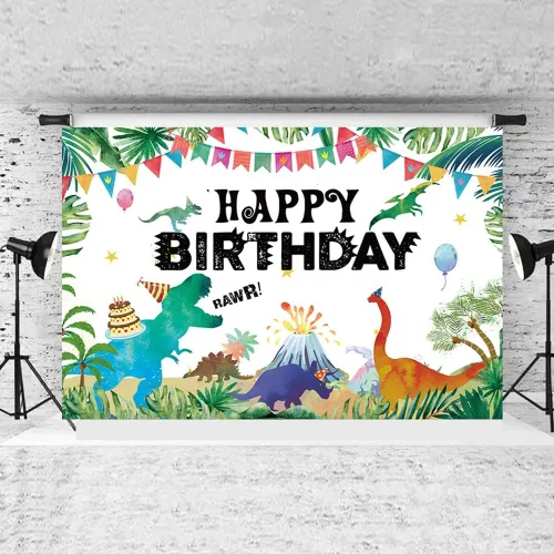 Illiyot - Fondo de cumpleaños de dinosaurio divertido de 6 x 3.5 pies, suministros de fiesta de dinosaurios en acuarela, T-Rex, pancarta de pared