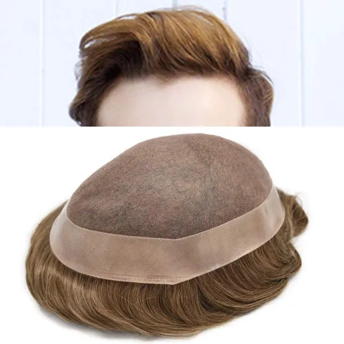 Miniatura 37 de Toupee cabello humano fino mono revestimiento de poliéster alrededor de la postizo duradero NPU monofilamento sistema de reemplazo de cabello