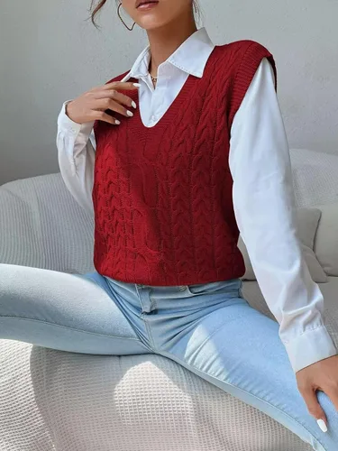 Miniatura 4 de Chaleco casual de punto trenzado con cuello en V para mujer, color liso, sin mangas, chaleco para mujer