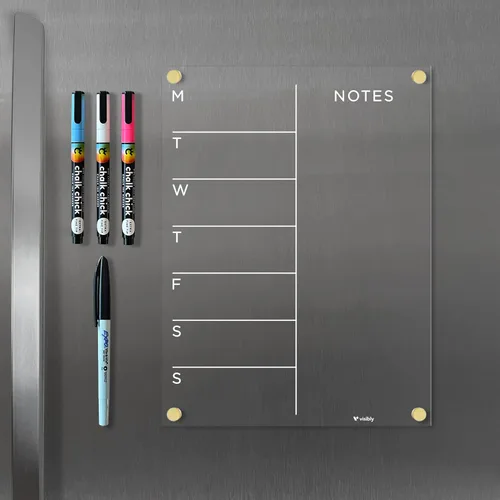 Planificador semanal de acrílico magnético para refrigerador de 9 x 12 pulgadas, planificador de comidas y tablero de notas, organizador de Negro