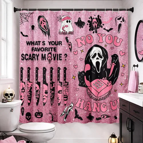 KAIRA Cortina de ducha de Halloween, 72 x 72 pulgadas con ganchos, decoración de baño con cara espeluznante y aterradora, divertida cortina de tela