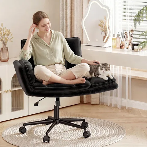 DurayLoly Silla cruzada con ruedas, silla de tocador esponjosa con reposabrazos abatibles de 5 engranajes, asiento giratorio de patas cruzadas para