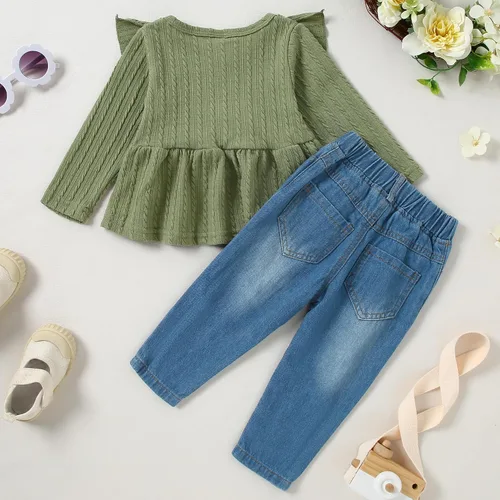 Miniatura 3 de SANMIO Conjunto de ropa para niña, lindo conjunto de camiseta floral con mangas con volantes y pantalones de mezclilla rasgados