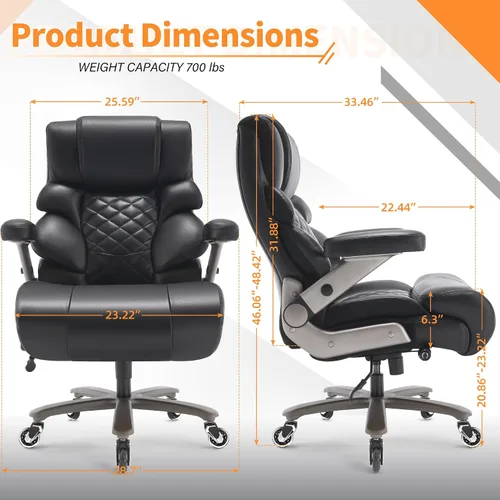 Miniatura 3 de VUZI Silla de oficina grande y alta de 700 libras - Silla grande de computadora con soporte lumbar ajustable, brazos plegables 3D, ruedas