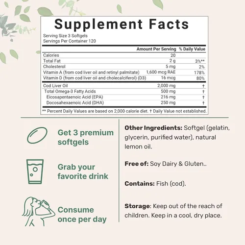 Miniatura 2 de Aceite de hígado de bacalao 2,000 mg por porción, 360 cápsulas blandas Sabor a limón sin eructos – Rico en Omega 3, vitaminas A y D3, EPA, DHA