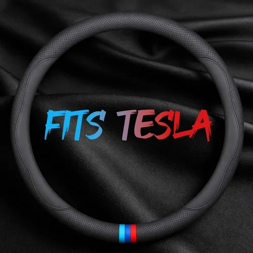 Miniatura 22 de Funda de cuero para volante de automóvil, transpirable, perforada con láser, líneas dobles negras puras, textura premium, 14.5-15 pulgadas