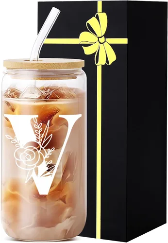 Miniatura 18 de Vaso de vidrio con monograma con tapa, pajita, idea de regalo de moda para amantes del café para mujeres y adolescentes, regalo personalizado
