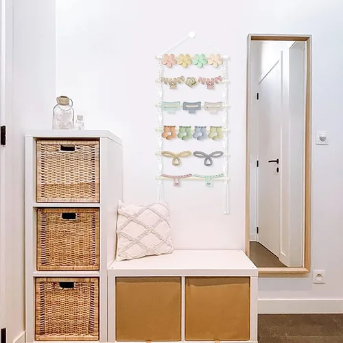 Miniatura 4 de Organizador de pinzas para el cabello, soporte colgante de macramé para el cabello y almacenamiento para niñas, colgador de clips de garra
