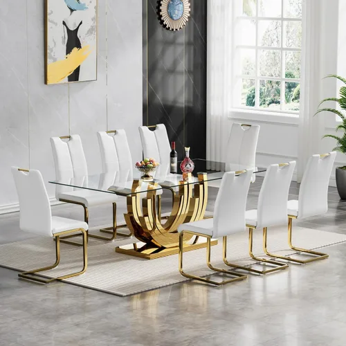Miniatura 11 de Juego de mesa de comedor de cristal dorado moderno de 70 pulgadas para 4, juego de mesa rectangular de 5 piezas con base de acero en forma de anillo